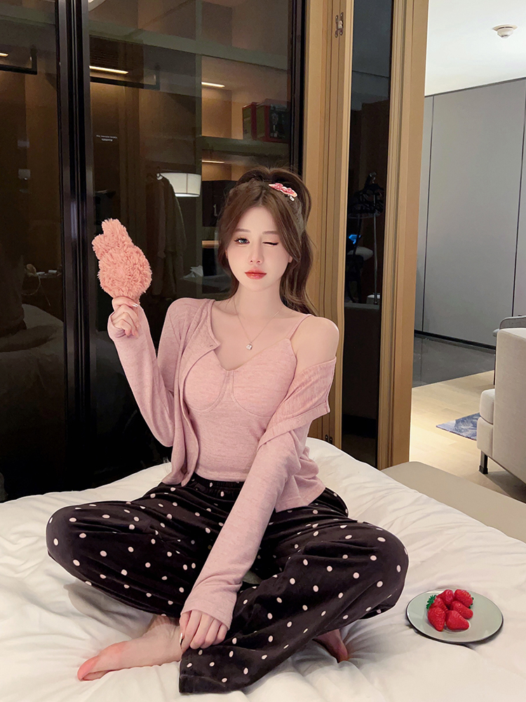 Women's Autumn Winter Three-Piece Velvet Pajama Set - Warm Camisole with Chest Pad, Cozy Homewear Outfit for Comfort Women's Autumn Winter Three-Piece Velvet Pajama Set - Warm Camisole with Chest Pad, Cozy Homewear Outfit for Comfort