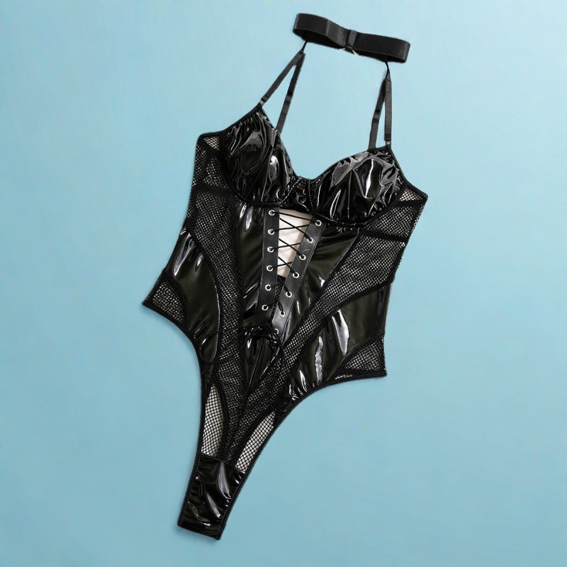 Women's Backless Mesh Spliced Leather Bodysuit - Sexy Hollow Design for Nightclub, European and American Style