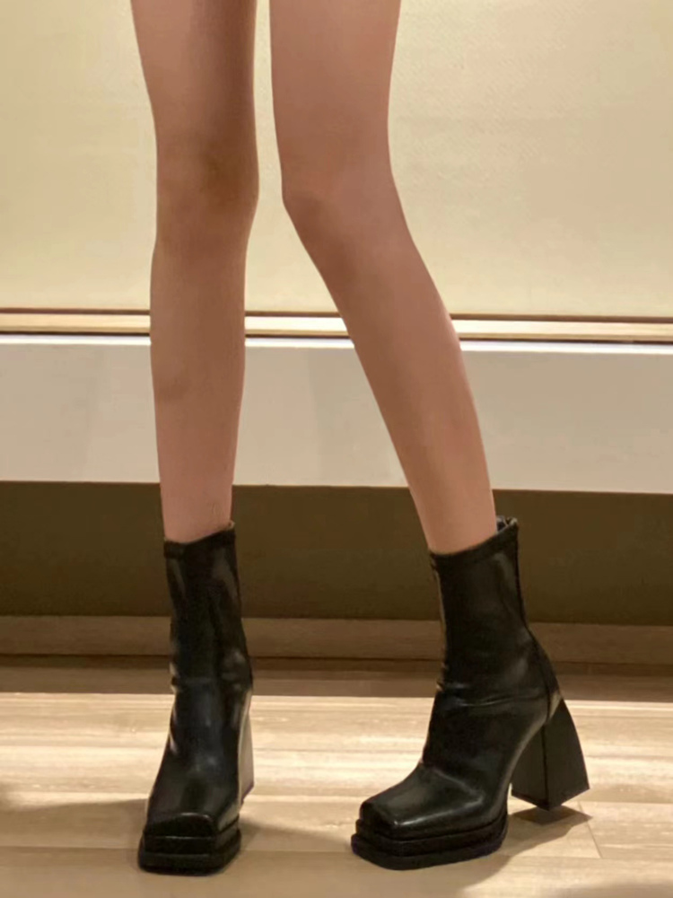 Women's Black Chunky Heel Short Boots - Waterproof Platform Martin Boots with Square Toe & Back Zipper for Autumn/Winter 2025