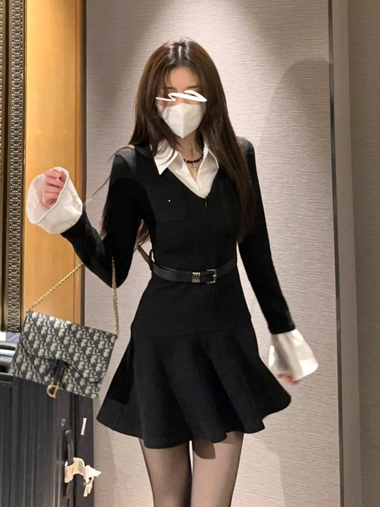 Women's Black Faux Two-Piece Knitted Dress, Long Sleeve A-Line Skirt, Autumn 2025 Fashion, Trendy Niche Style Women's Black Faux Two-Piece Knitted Dress, Long Sleeve A-Line Skirt, Autumn 2025 Fashion, Trendy Niche Style