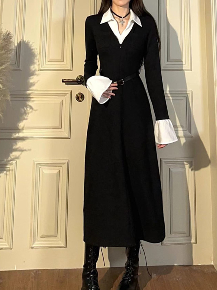 Women's Black Faux Two-Piece Knitted Dress, Long Sleeve A-Line Skirt, Autumn 2025 Fashion, Trendy Niche Style Women's Black Faux Two-Piece Knitted Dress, Long Sleeve A-Line Skirt, Autumn 2025 Fashion, Trendy Niche Style