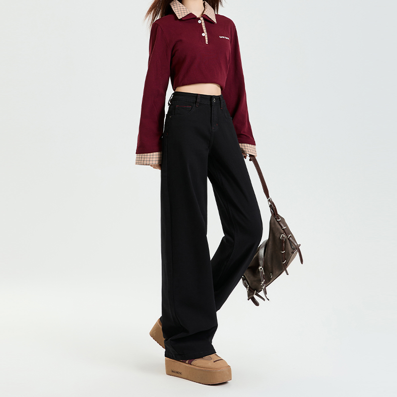 Women's Black Fleece-Lined Straight-Leg Jeans, Slim-Fit, Height-Enhancing, Floor-Length - 2025 Autumn Winter Style