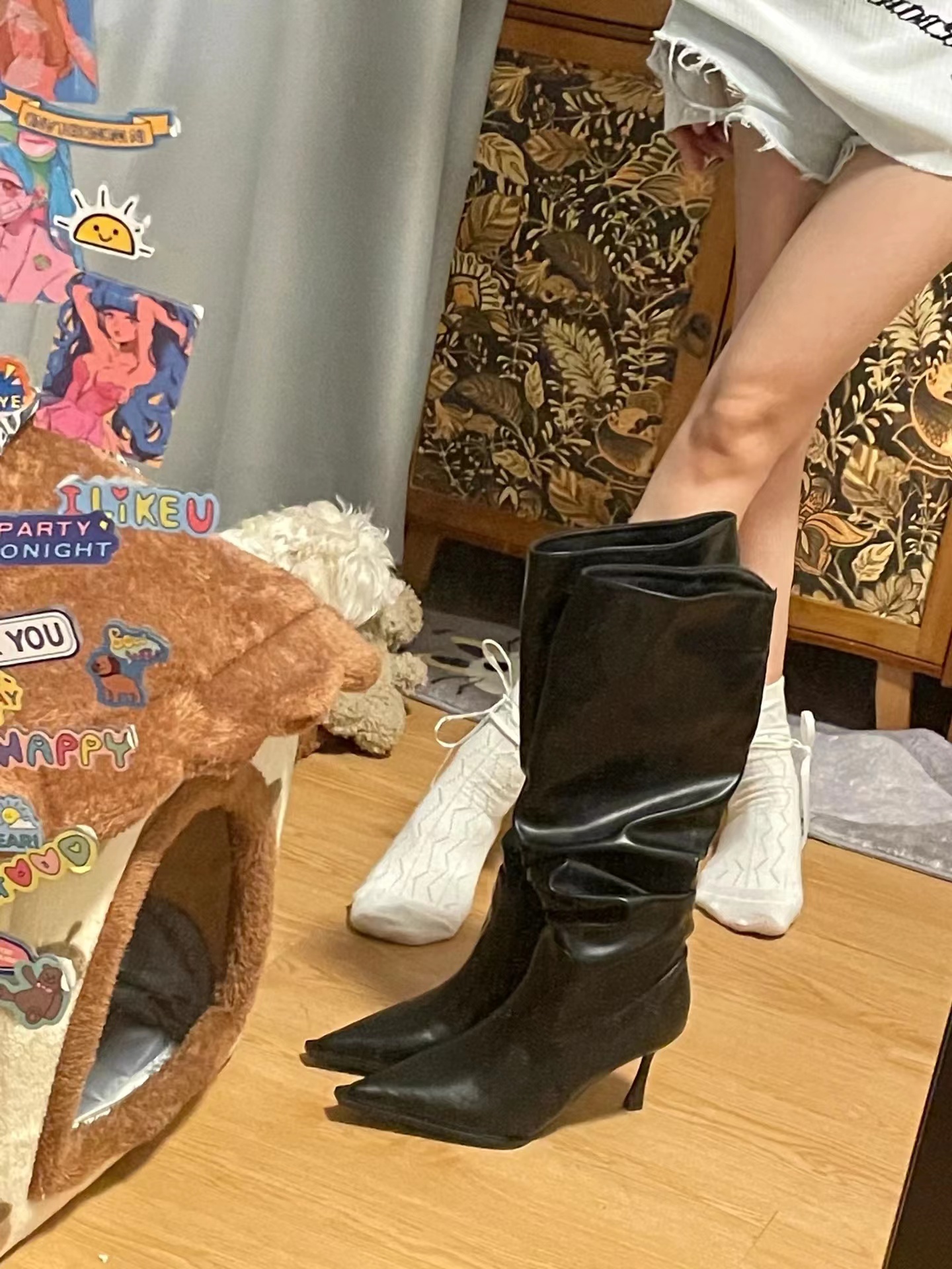 Women's Black Genuine Leather Over-the-Knee Pointed Toe Pleated Slouchy Boots with Thin Heel - Trendy European & American Style