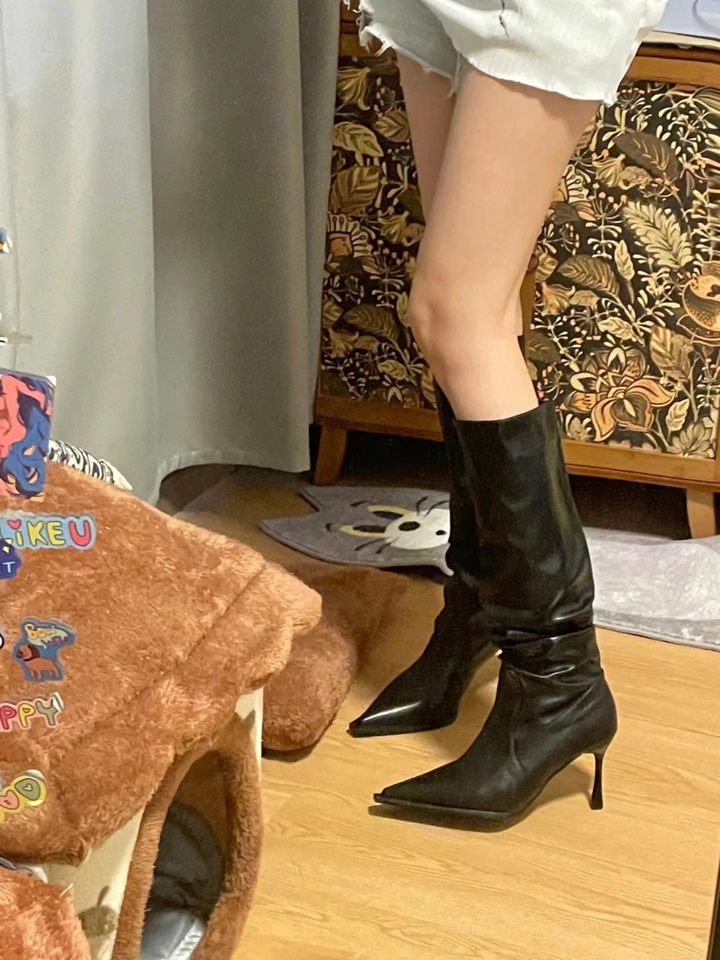 Women's Black Genuine Leather Over-the-Knee Pointed Toe Pleated Slouchy Boots with Thin Heel - Trendy European & American Style Women's Black Genuine Leather Over-the-Knee Pointed Toe Pleated Slouchy Boots with Thin Heel - Trendy European & American Style