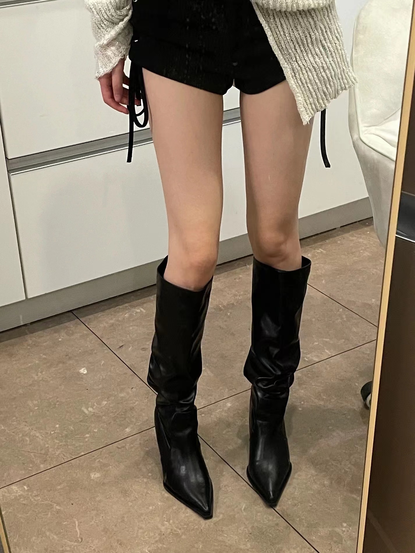 Women's Black Genuine Leather Over-the-Knee Pointed Toe Pleated Slouchy Boots with Thin Heel - Trendy European & American Style Women's Black Genuine Leather Over-the-Knee Pointed Toe Pleated Slouchy Boots with Thin Heel - Trendy European & American Style