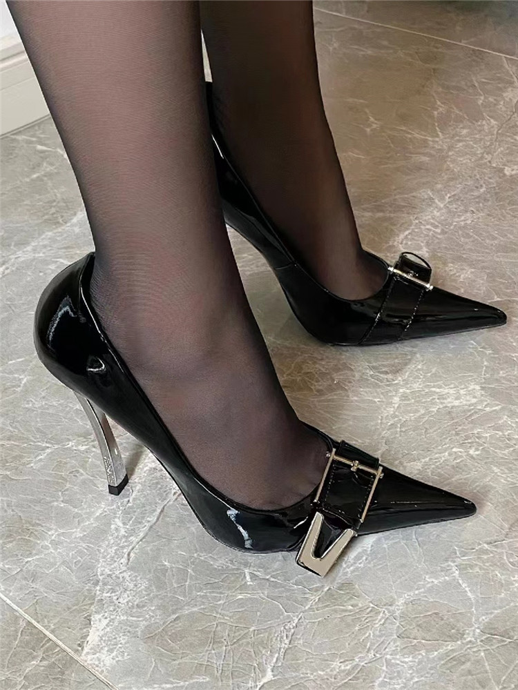 Women's Black Patent Leather Stiletto Heels with Metal Buckle - Pointed Toe Sandals for Autumn Winter 2025 - Sexy Professional Style