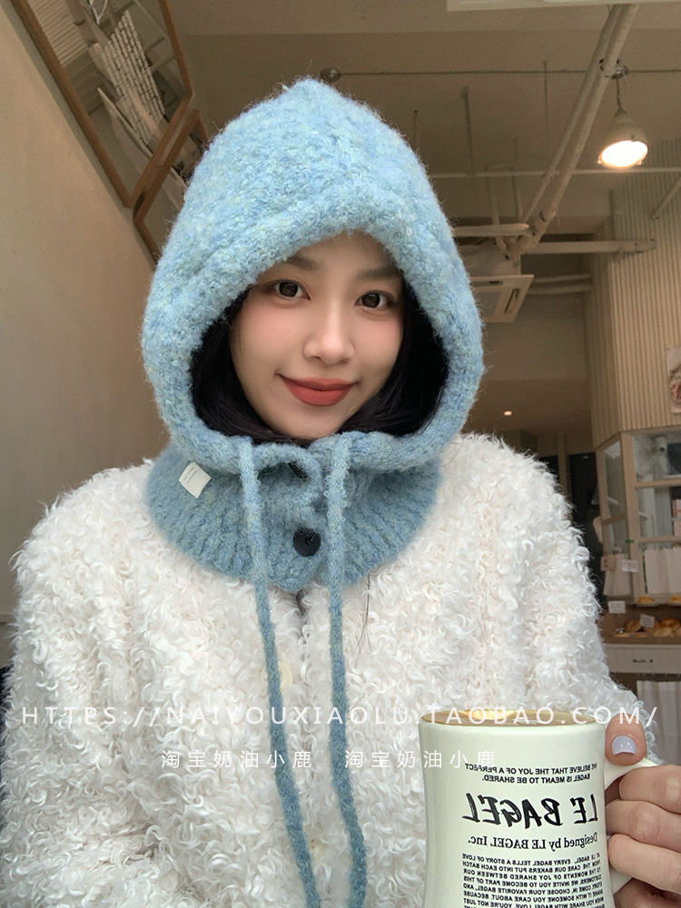 Women's Blue Dyed Wool Blend Balaclava Hat with Integrated Neck Gaiter and Ear Protection - Warm Knitted Winter Accessory Women's Blue Dyed Wool Blend Balaclava Hat with Integrated Neck Gaiter and Ear Protection - Warm Knitted Winter Accessory