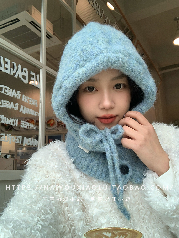 Women's Blue Dyed Wool Blend Balaclava Hat with Integrated Neck Gaiter and Ear Protection - Warm Knitted Winter Accessory