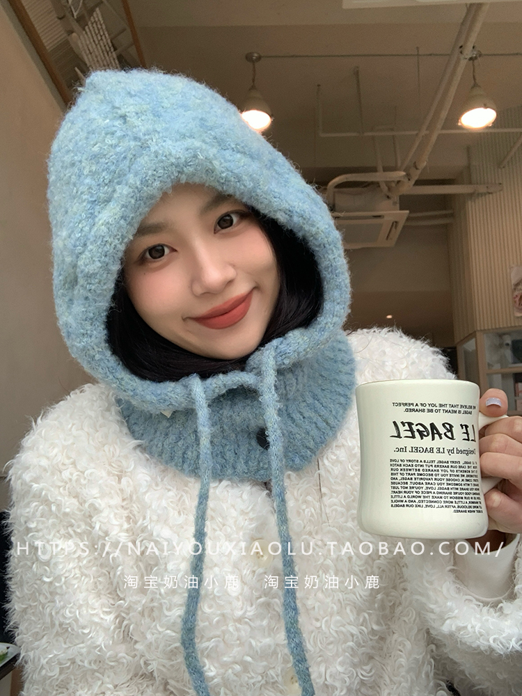 Women's Blue Dyed Wool Blend Balaclava Hat with Integrated Neck Gaiter and Ear Protection - Warm Knitted Winter Accessory Women's Blue Dyed Wool Blend Balaclava Hat with Integrated Neck Gaiter and Ear Protection - Warm Knitted Winter Accessory