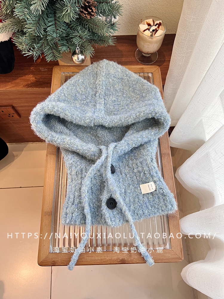 Women's Blue Dyed Wool Blend Balaclava Hat with Integrated Neck Gaiter and Ear Protection - Warm Knitted Winter Accessory