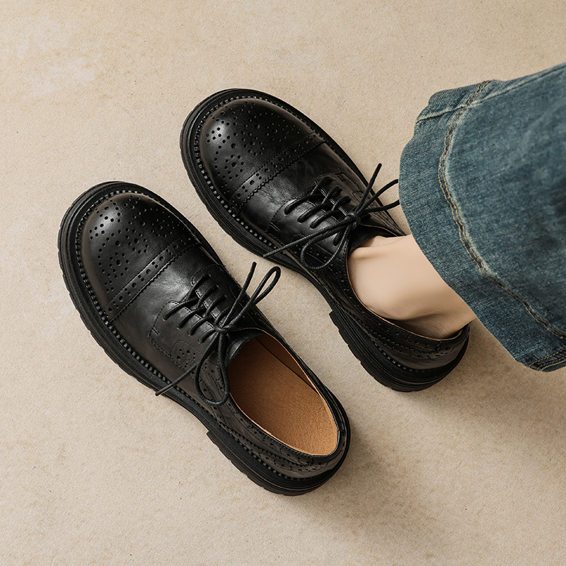 Women's British Style Deep Mouth Lace-Up Brogue Flats, Genuine Leather Round Toe Loafers, College Style Thick-Soled with Fleece Lining