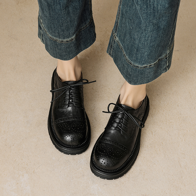 Women's British Style Deep Mouth Lace-Up Brogue Flats, Genuine Leather Round Toe Loafers, College Style Thick-Soled with Fleece Lining Women's British Style Deep Mouth Lace-Up Brogue Flats, Genuine Leather Round Toe Loafers, College Style Thick-Soled with Fleece Lining