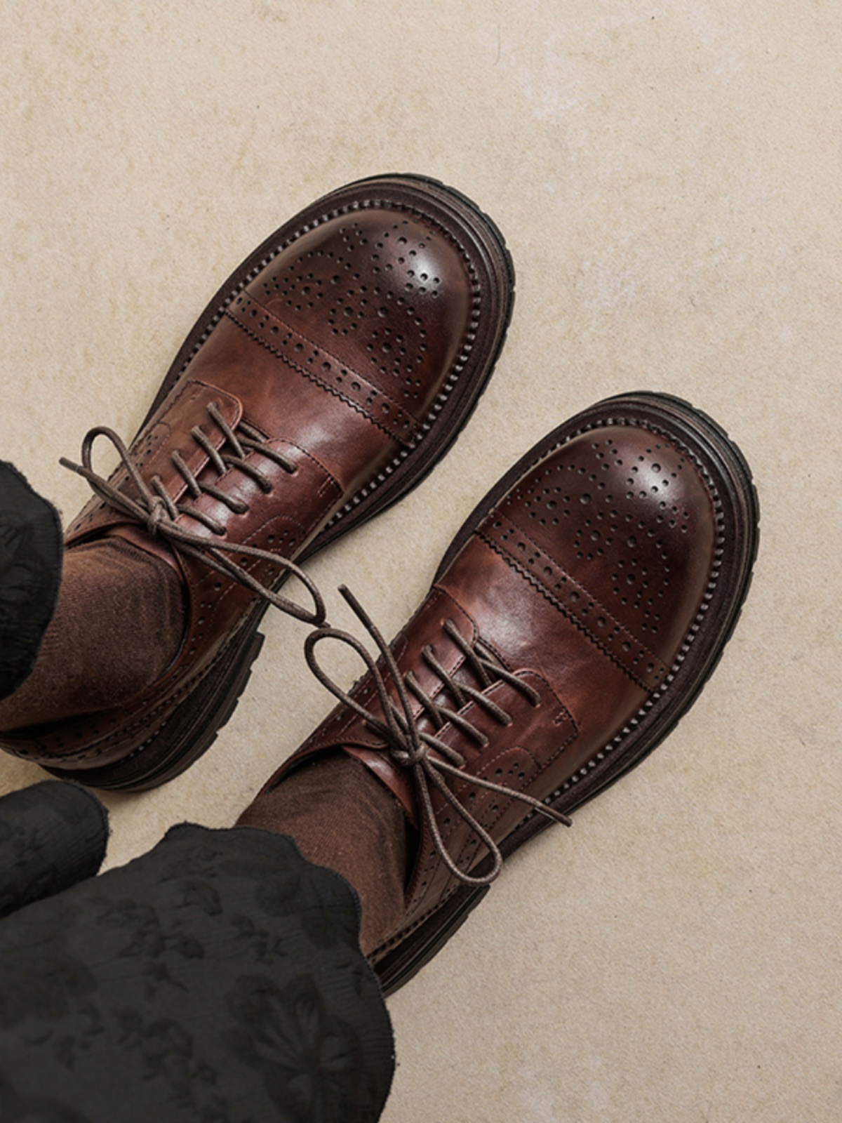 Women's British Style Deep Mouth Lace-Up Brogue Flats, Genuine Leather Round Toe Loafers, College Style Thick-Soled with Fleece Lining Women's British Style Deep Mouth Lace-Up Brogue Flats, Genuine Leather Round Toe Loafers, College Style Thick-Soled with Fleece Lining