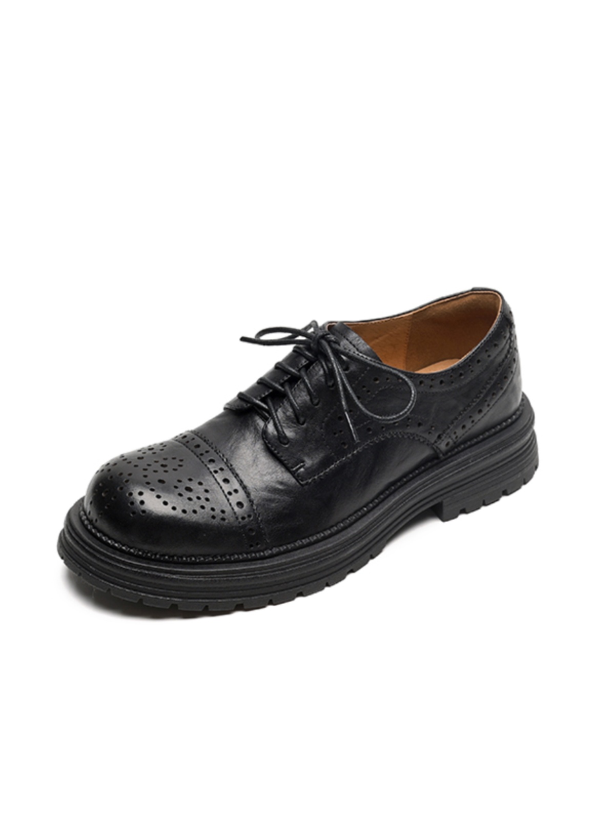 Women's British Style Deep Mouth Lace-Up Brogue Flats, Genuine Leather Round Toe Loafers, College Style Thick-Soled with Fleece Lining Women's British Style Deep Mouth Lace-Up Brogue Flats, Genuine Leather Round Toe Loafers, College Style Thick-Soled with Fleece Lining