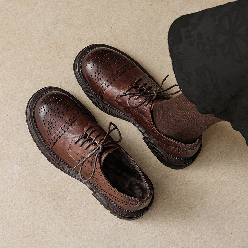 Women's British Style Deep Mouth Lace-Up Brogue Flats, Genuine Leather Round Toe Loafers, College Style Thick-Soled with Fleece Lining Women's British Style Deep Mouth Lace-Up Brogue Flats, Genuine Leather Round Toe Loafers, College Style Thick-Soled with Fleece Lining