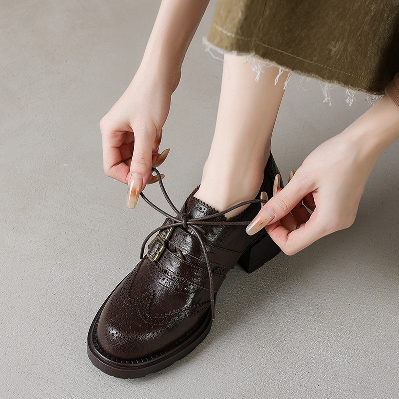 Women's British Style Lace-Up Brogue Leather Shoes, Genuine Sheepskin, Round Toe, Chunky Heel, Belt Buckle Loafers Women's British Style Lace-Up Brogue Leather Shoes, Genuine Sheepskin, Round Toe, Chunky Heel, Belt Buckle Loafers