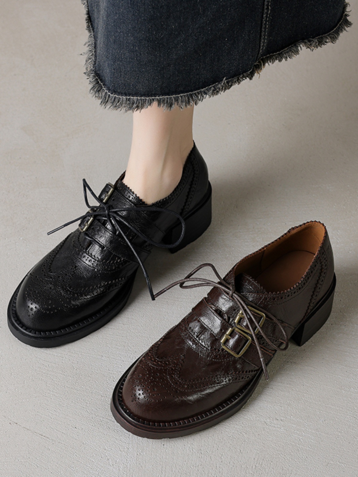 Women's British Style Lace-Up Brogue Leather Shoes, Genuine Sheepskin, Round Toe, Chunky Heel, Belt Buckle Loafers Women's British Style Lace-Up Brogue Leather Shoes, Genuine Sheepskin, Round Toe, Chunky Heel, Belt Buckle Loafers