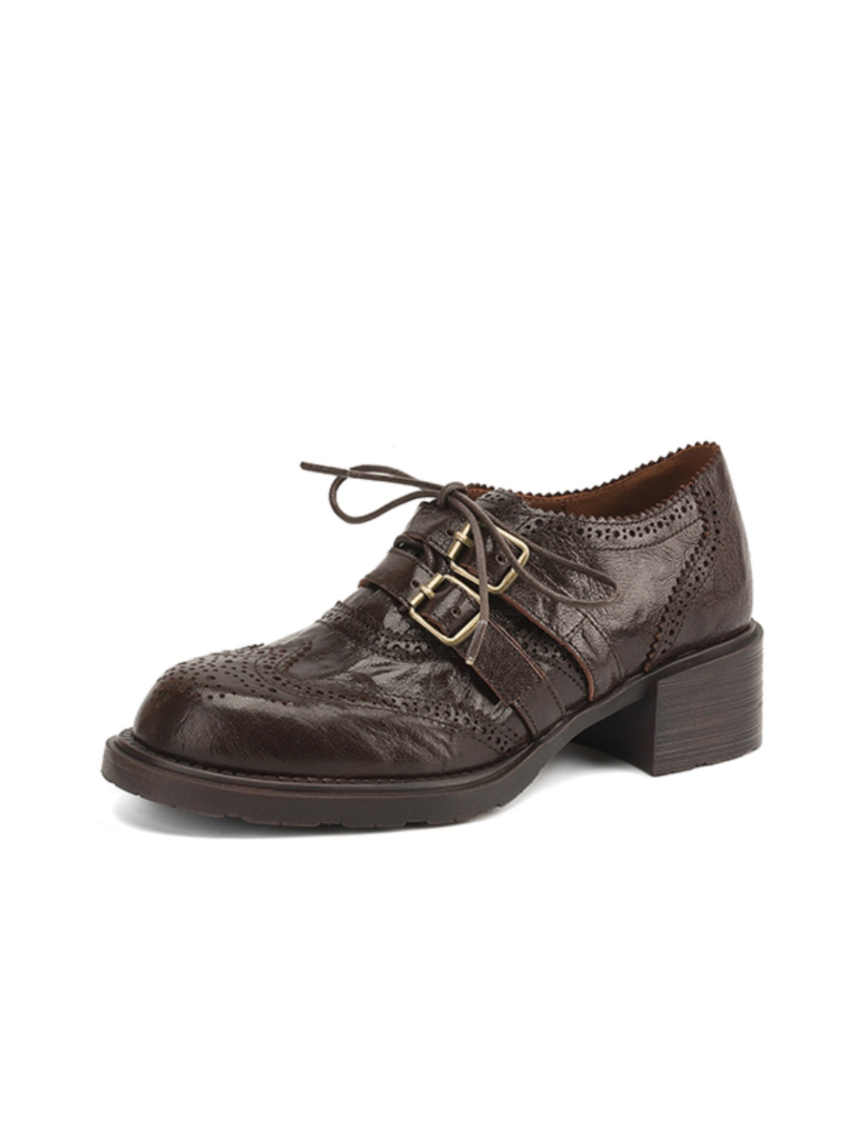 Women's British Style Lace-Up Brogue Leather Shoes, Genuine Sheepskin, Round Toe, Chunky Heel, Belt Buckle Loafers Women's British Style Lace-Up Brogue Leather Shoes, Genuine Sheepskin, Round Toe, Chunky Heel, Belt Buckle Loafers