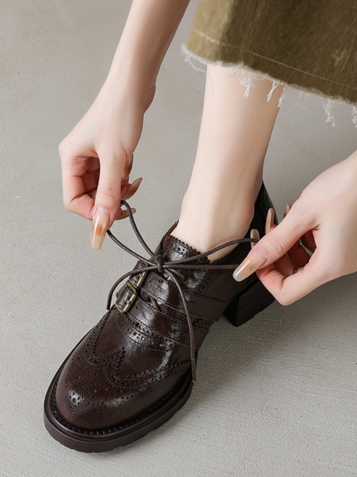 Women's British Style Lace-Up Brogue Leather Shoes, Genuine Sheepskin, Round Toe, Chunky Heel, Belt Buckle Loafers Women's British Style Lace-Up Brogue Leather Shoes, Genuine Sheepskin, Round Toe, Chunky Heel, Belt Buckle Loafers