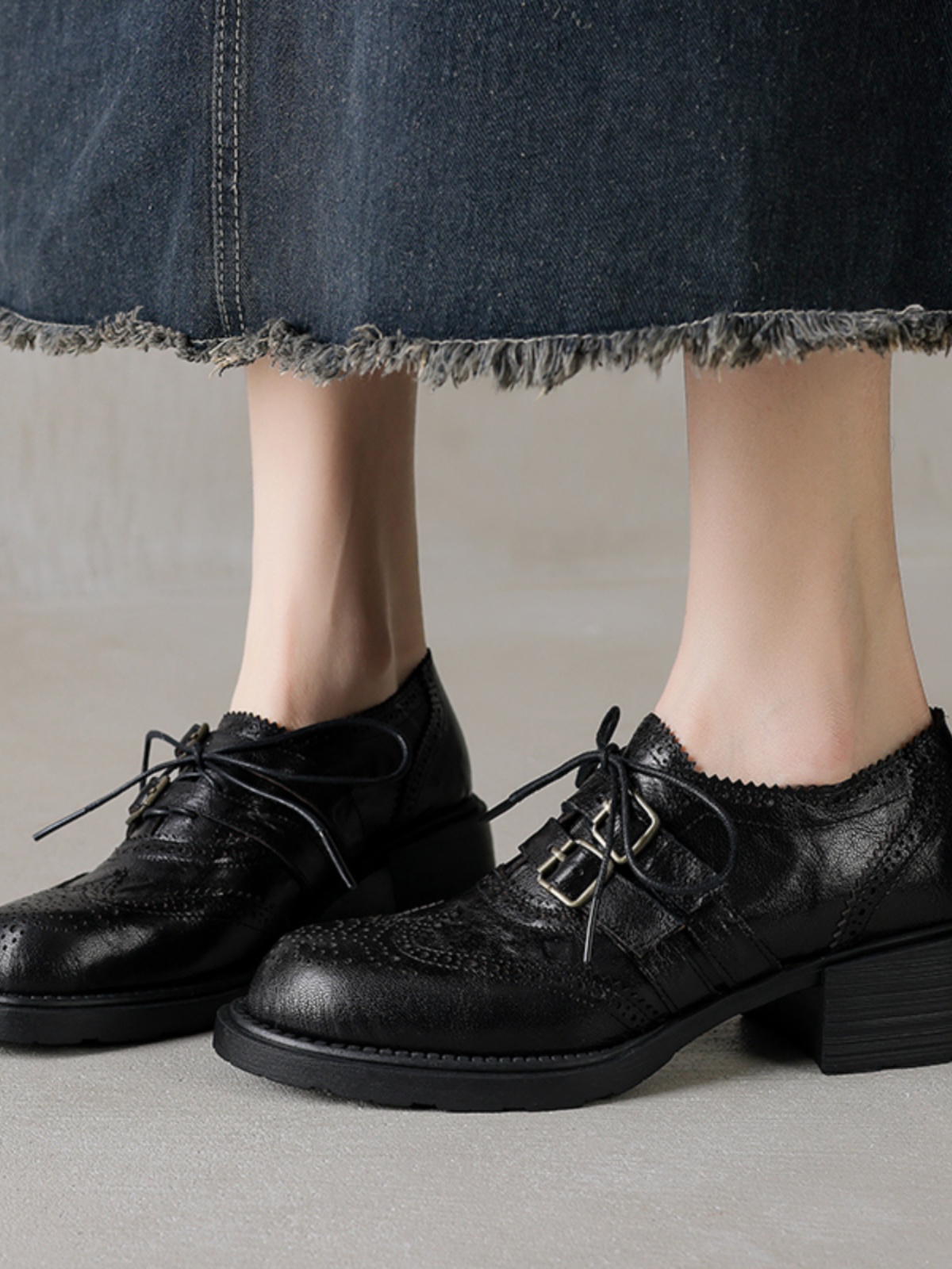 Women's British Style Lace-Up Brogue Leather Shoes, Genuine Sheepskin, Round Toe, Chunky Heel, Belt Buckle Loafers Women's British Style Lace-Up Brogue Leather Shoes, Genuine Sheepskin, Round Toe, Chunky Heel, Belt Buckle Loafers