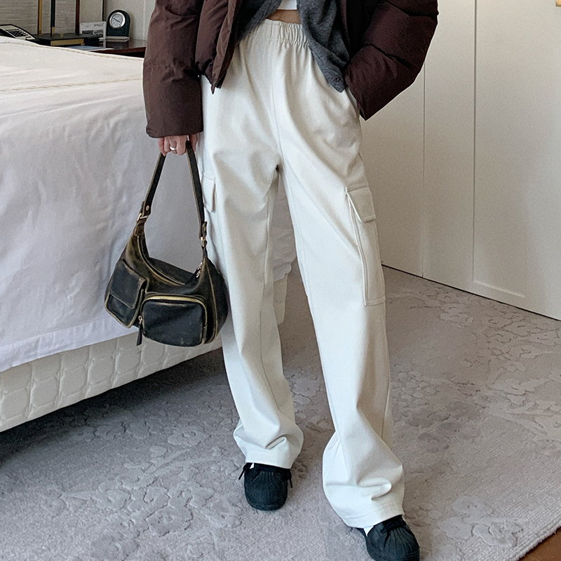 Women's Casual Draped Sweatpants - American-Style Work Pants, Straight Loose Fit, White, Autumn Winter 2025 Fashion