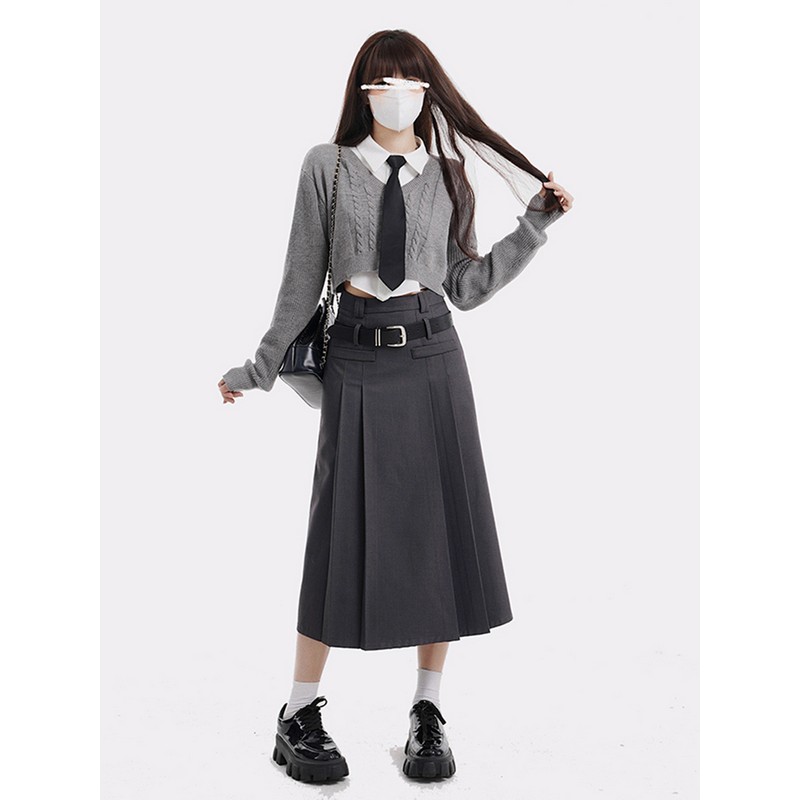 Women's College Style Gray Half Skirt Set - High Waist A-Line Pleated Long Skirt for Spring Fashion Women's College Style Gray Half Skirt Set - High Waist A-Line Pleated Long Skirt for Spring Fashion