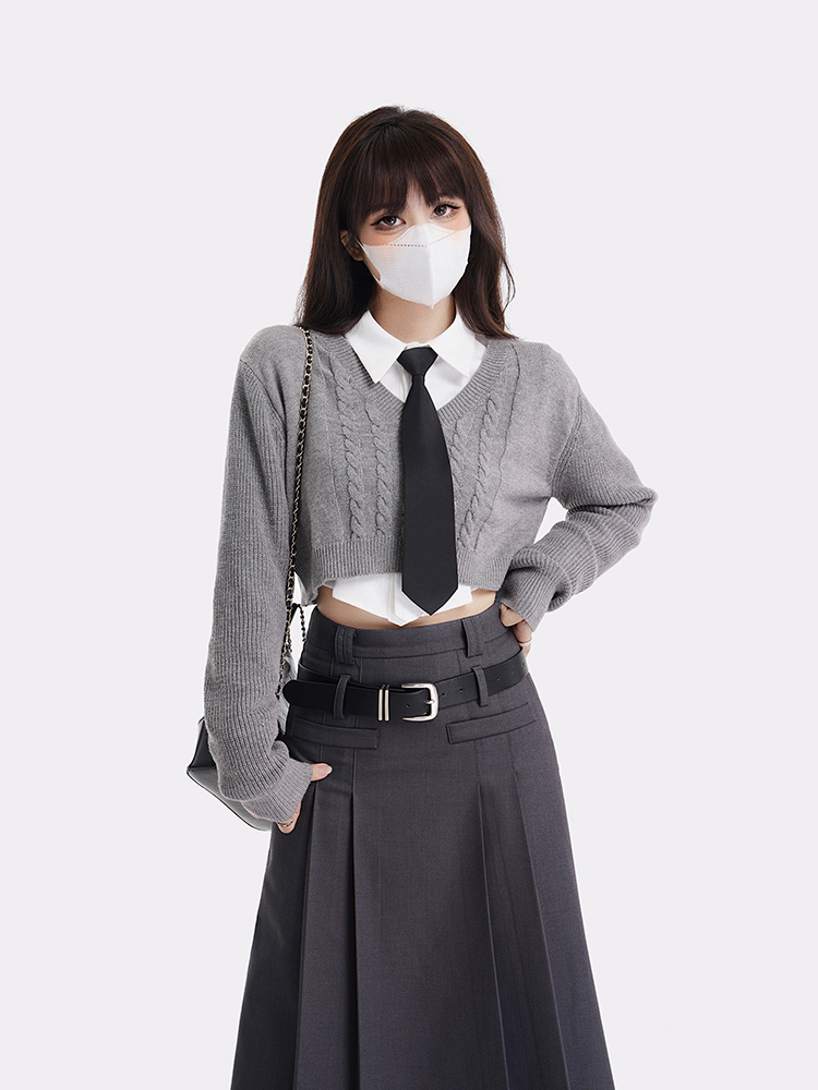 Women's College Style Gray Half Skirt Set - High Waist A-Line Pleated Long Skirt for Spring Fashion Women's College Style Gray Half Skirt Set - High Waist A-Line Pleated Long Skirt for Spring Fashion