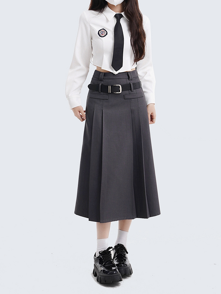 Women's College Style Gray Half Skirt Set - High Waist A-Line Pleated Long Skirt for Spring Fashion Women's College Style Gray Half Skirt Set - High Waist A-Line Pleated Long Skirt for Spring Fashion