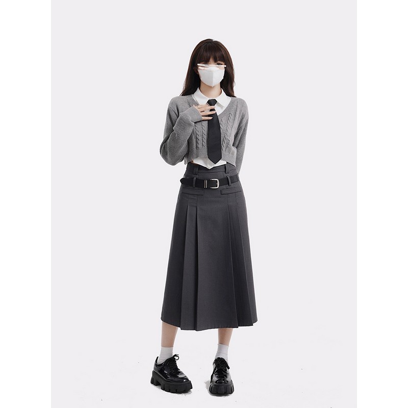 Women's College Style Gray Half Skirt Set - High Waist A-Line Pleated Long Skirt for Spring Fashion Women's College Style Gray Half Skirt Set - High Waist A-Line Pleated Long Skirt for Spring Fashion