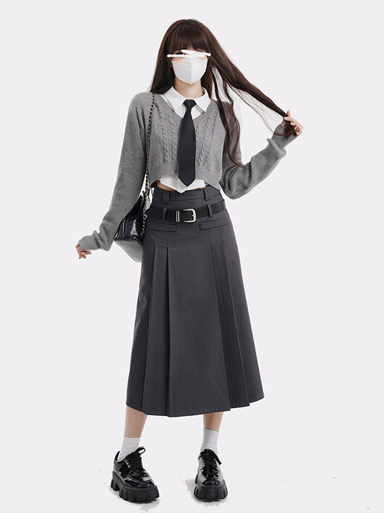 Women's College Style Gray Half Skirt Set - High Waist A-Line Pleated Long Skirt for Spring Fashion Women's College Style Gray Half Skirt Set - High Waist A-Line Pleated Long Skirt for Spring Fashion