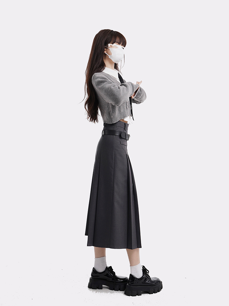 Women's College Style Gray Half Skirt Set - High Waist A-Line Pleated Long Skirt for Spring Fashion Women's College Style Gray Half Skirt Set - High Waist A-Line Pleated Long Skirt for Spring Fashion