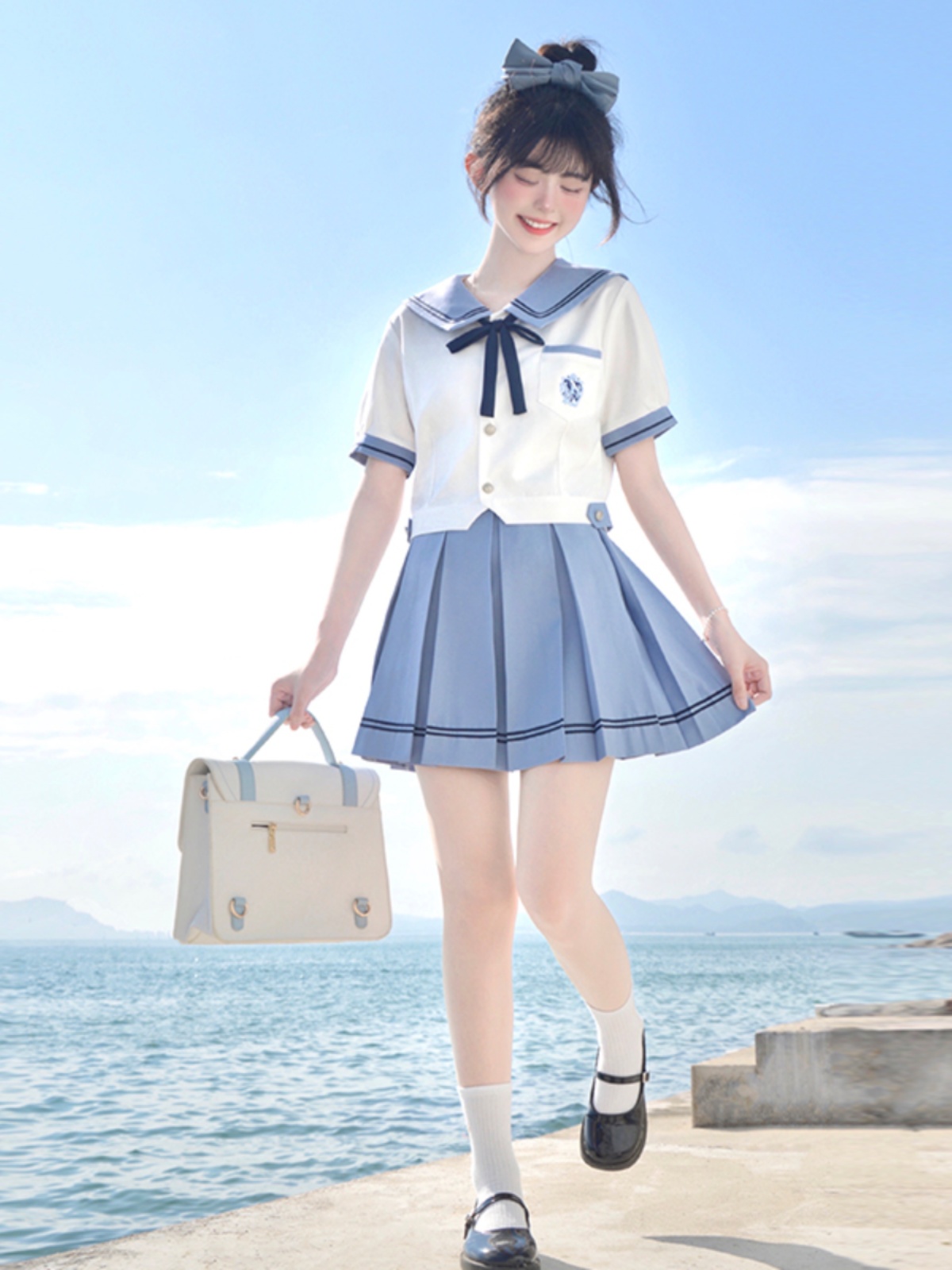 Women's College Style Pudding Bear JK Uniform Set - Short Sleeve Summer Top with Pear in the Middle & Matching Skirt