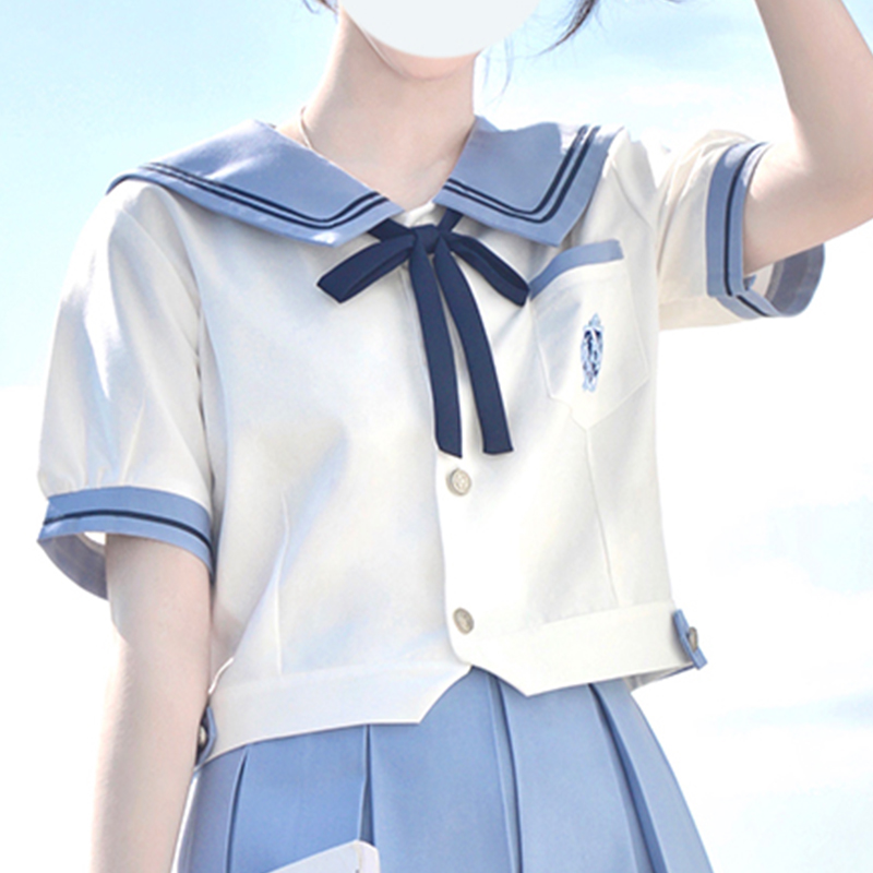 Women's College Style Pudding Bear JK Uniform Set - Short Sleeve Summer Top with Pear in the Middle & Matching Skirt