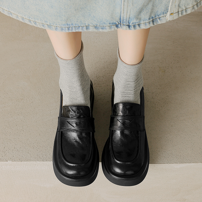 Women's College Style Thick-Soled Round-Toe Loafers, Chunky Heel British Slip-On Leather Shoes, Spring Autumn Height-Increasing Flats