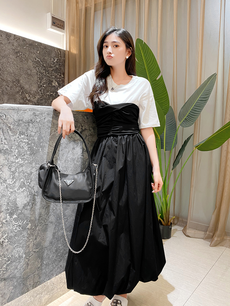 Women's Color Block Pleated Waist Slimming Fit Short Sleeve T-Shirt - European & American Style, Black and White, Summer Cotton Top