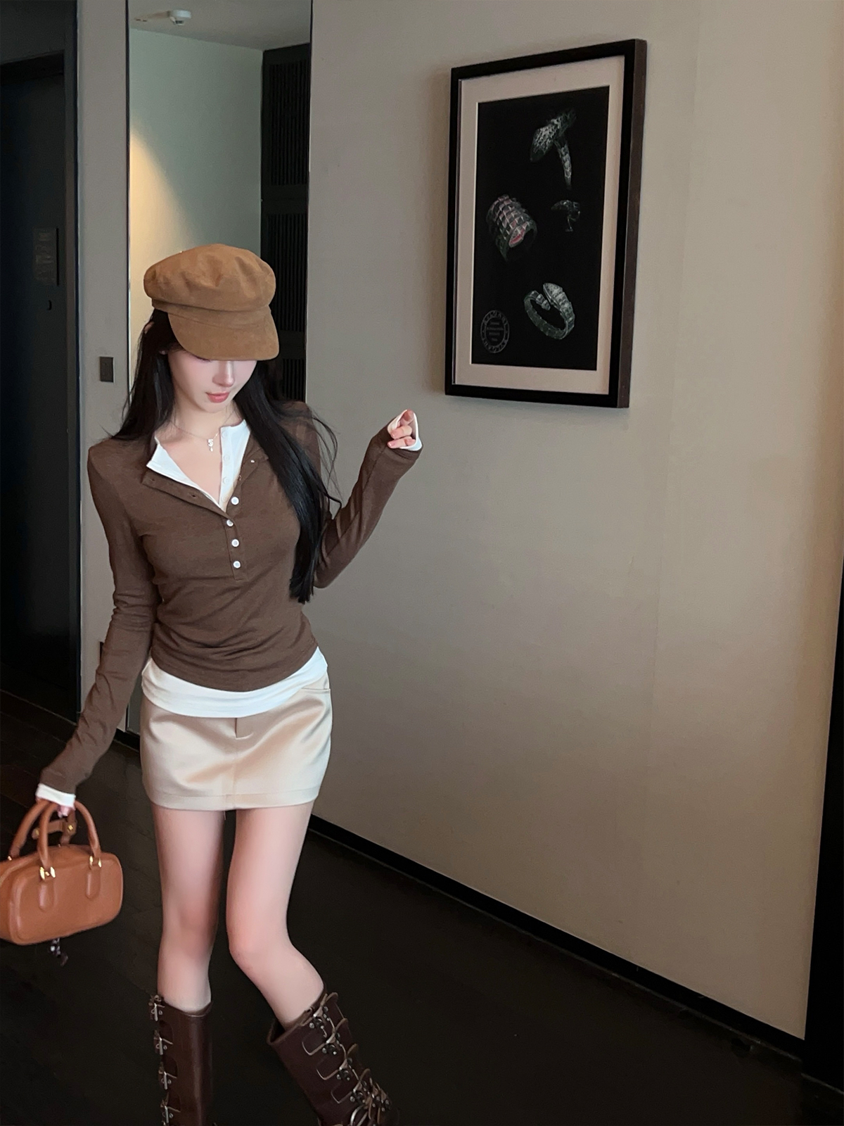 Women's Color Block Stretch Long Sleeve T-Shirt - Slim Fit V-Neck, Fake Two-Piece Design, Autumn Winter Fashion Women's Color Block Stretch Long Sleeve T-Shirt - Slim Fit V-Neck, Fake Two-Piece Design, Autumn Winter Fashion