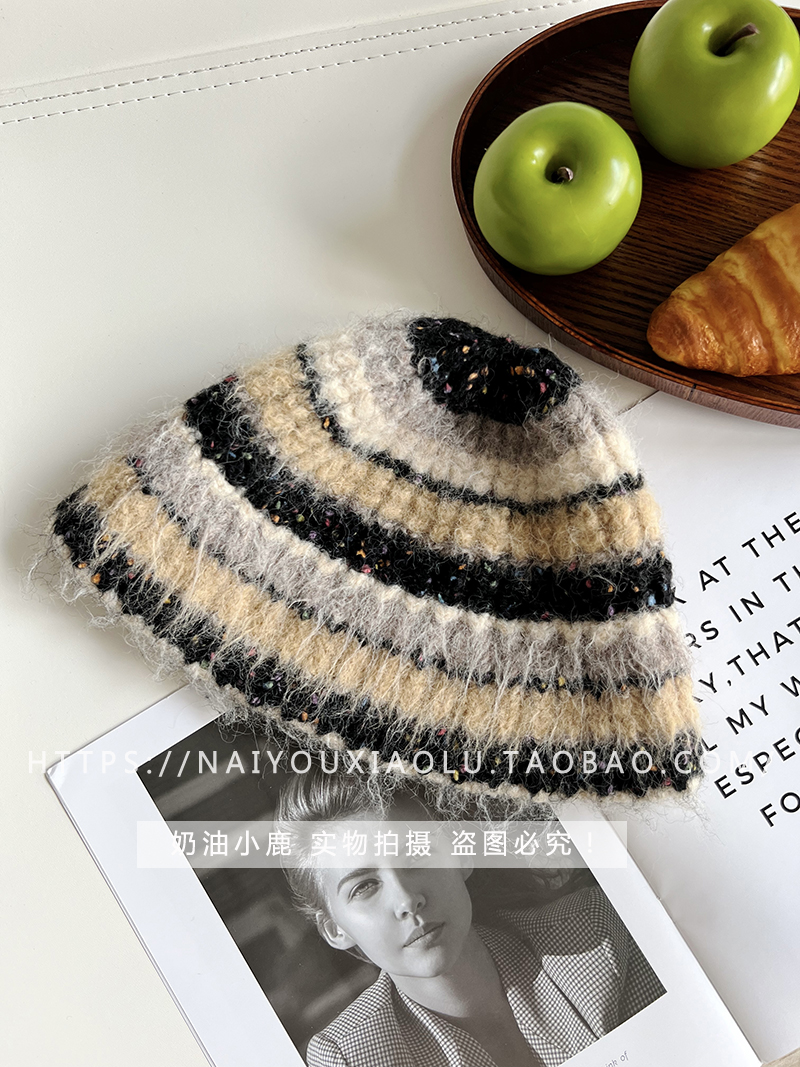 Women's Color-Blocking Striped Wool Knitted Fisherman's Hat - Versatile Winter Bucket Hat for a Flattering Look