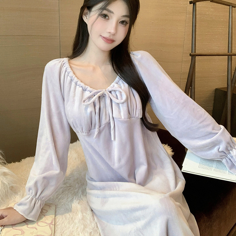 Women's Double-Sided Fleece Pajamas - Cute Princess Style Long Nightgown with Chest Pads for Autumn & Winter Comfort