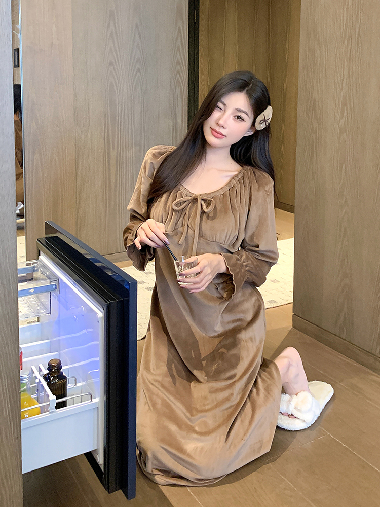 Women's Double-Sided Fleece Pajamas - Cute Princess Style Long Nightgown with Chest Pads for Autumn & Winter Comfort Women's Double-Sided Fleece Pajamas - Cute Princess Style Long Nightgown with Chest Pads for Autumn & Winter Comfort