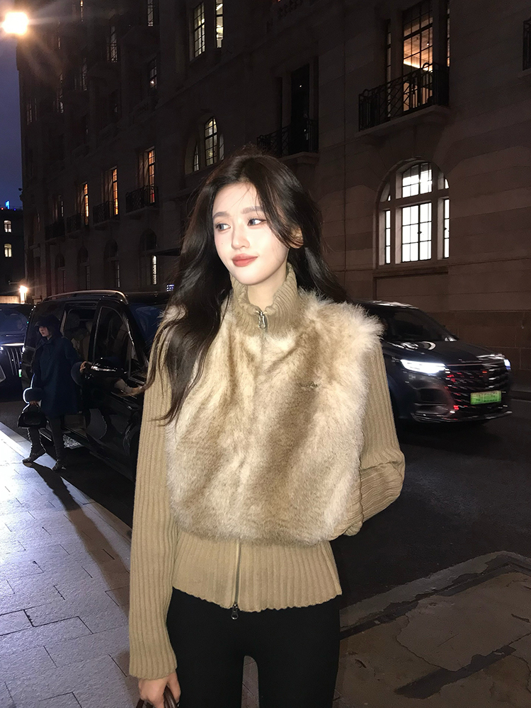 Women's Faux Fur Patchwork Jacket, Two-Piece Short Vest for Autumn and Winter, Trendy Y2K Style