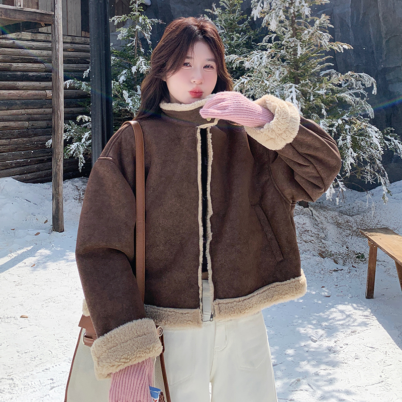 Women's Fleece-Lined Lamb Wool Coat, Winter 2025 Korean Style Thick Warm Motorcycle Jacket with Stand Collar