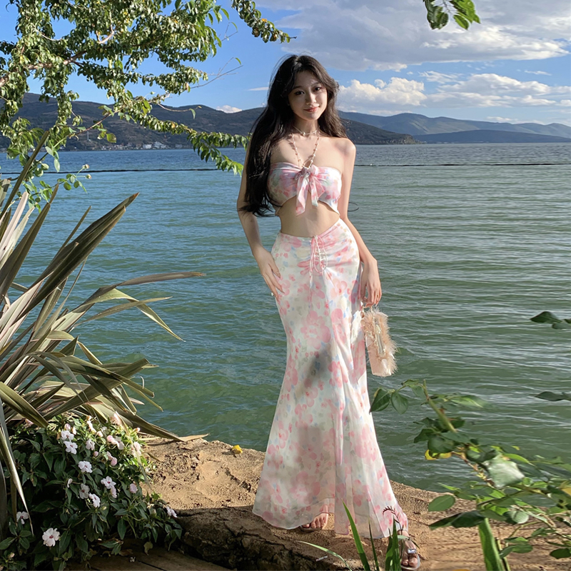 Women's Floral Two-Piece Long Dress Set - Summer Vacation Outfit for Beach, Seaside, Bali, Thailand - Perfect for 90s and Y2K Styles