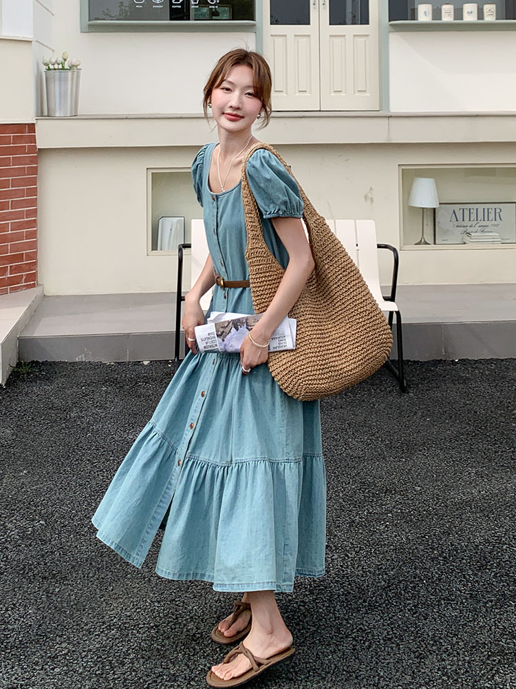 Women's French Puff Sleeve Denim Dress - Retro Sweet Waist-Cinching A-Line Long Skirt for Summer 2025, Y2K Trend Women's French Puff Sleeve Denim Dress - Retro Sweet Waist-Cinching A-Line Long Skirt for Summer 2025, Y2K Trend