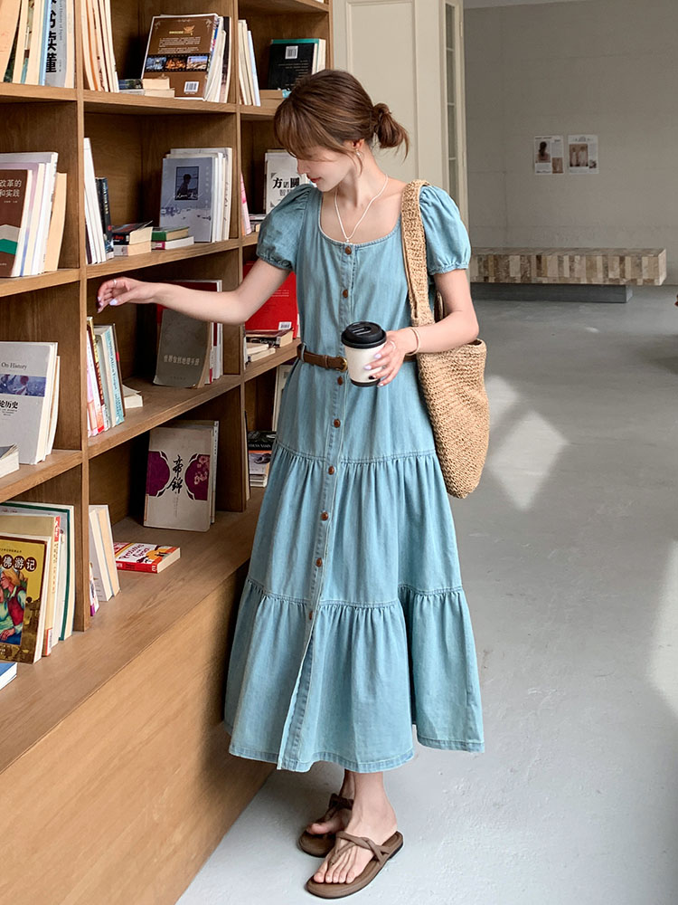 Women's French Puff Sleeve Denim Dress - Retro Sweet Waist-Cinching A-Line Long Skirt for Summer 2025, Y2K Trend Women's French Puff Sleeve Denim Dress - Retro Sweet Waist-Cinching A-Line Long Skirt for Summer 2025, Y2K Trend