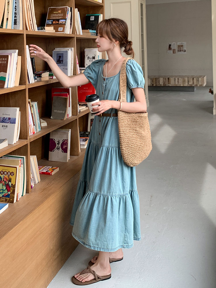 Women's French Puff Sleeve Denim Dress - Retro Sweet Waist-Cinching A-Line Long Skirt for Summer 2025, Y2K Trend Women's French Puff Sleeve Denim Dress - Retro Sweet Waist-Cinching A-Line Long Skirt for Summer 2025, Y2K Trend