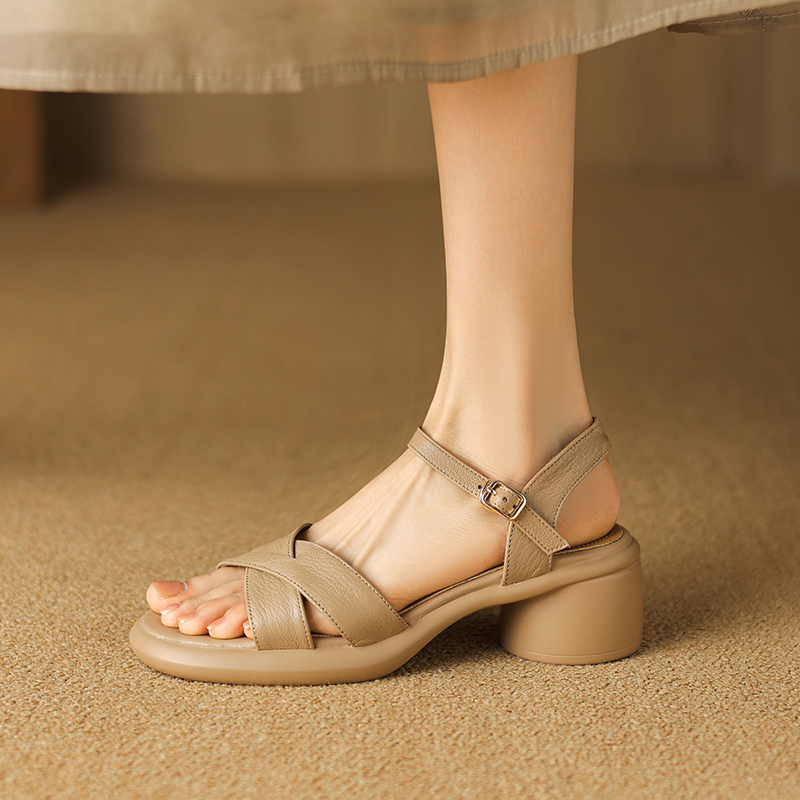 Women's Genuine Leather Open-Toe Cross Strap Sandals, Chunky Heel, Thick Sole, Versatile Casual Roman Shoes for Summer 2025 Women's Genuine Leather Open-Toe Cross Strap Sandals, Chunky Heel, Thick Sole, Versatile Casual Roman Shoes for Summer 2025