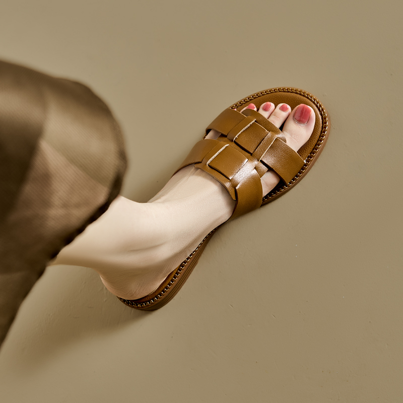 Women's Genuine Leather Woven Roman Sandals - Flat One-Strap Casual Vacation Slides for Summer 2025 Women's Genuine Leather Woven Roman Sandals - Flat One-Strap Casual Vacation Slides for Summer 2025