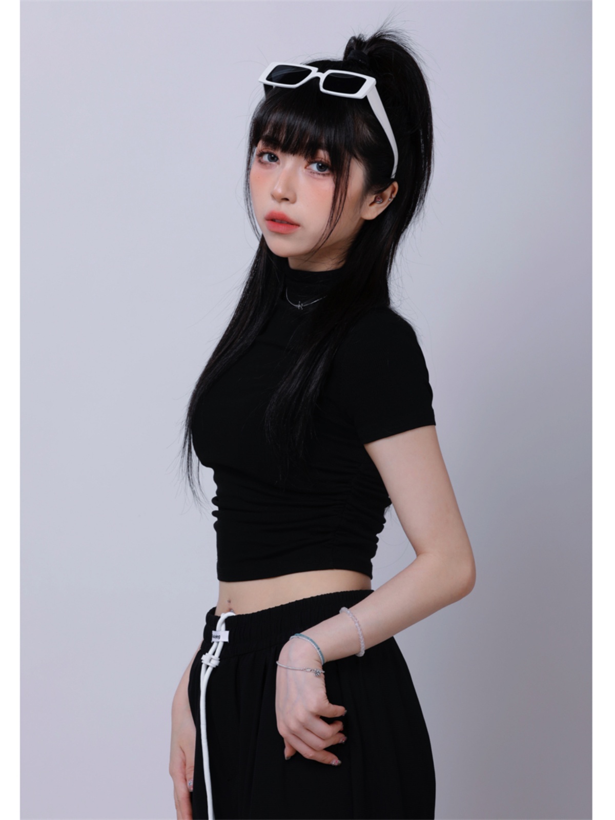 Women's Half High Neck Stretch Slim Fit Short Sleeve Jazz Crop Top - Summer 90s Inspired Fashion