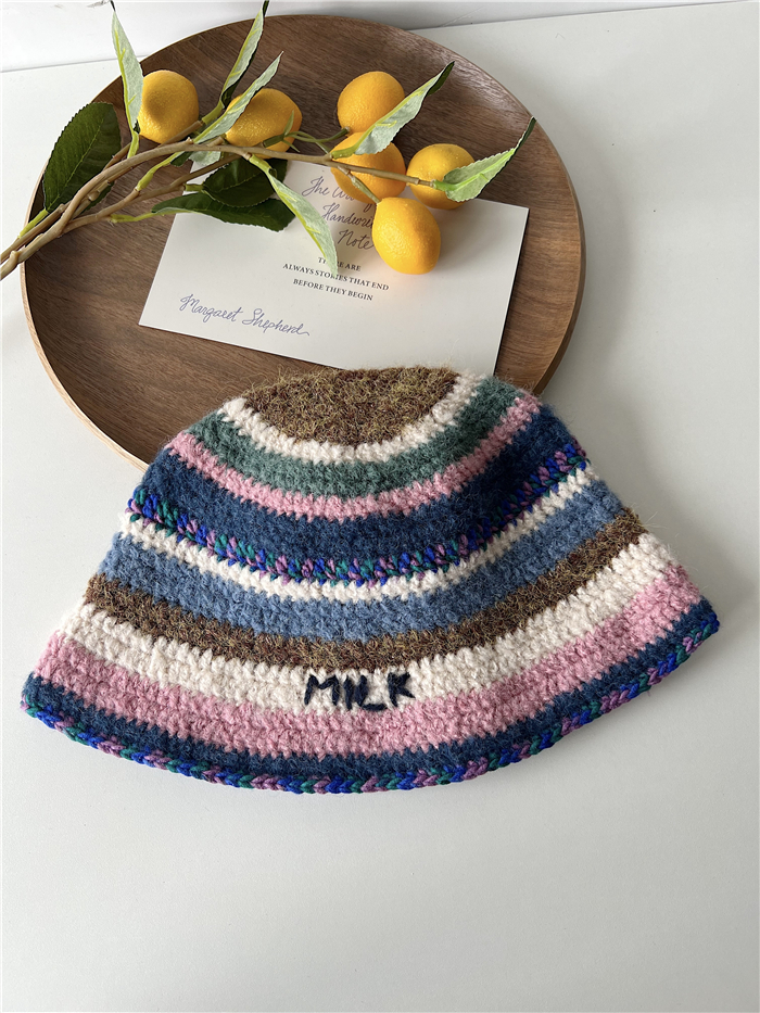Women's Hand-Crocheted Striped Yarn Bucket Hat - Versatile Fisherman Style for Autumn and Winter, Flattering Fit
