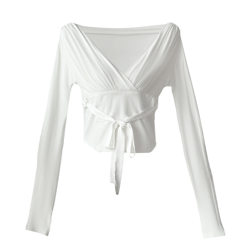 Women's High-End Spliced Tie Long Sleeve V-Neck T-Shirt - Ballet & Socialite Style, Waist-Defined Design Women's High-End Spliced Tie Long Sleeve V-Neck T-Shirt - Ballet & Socialite Style, Waist-Defined Design